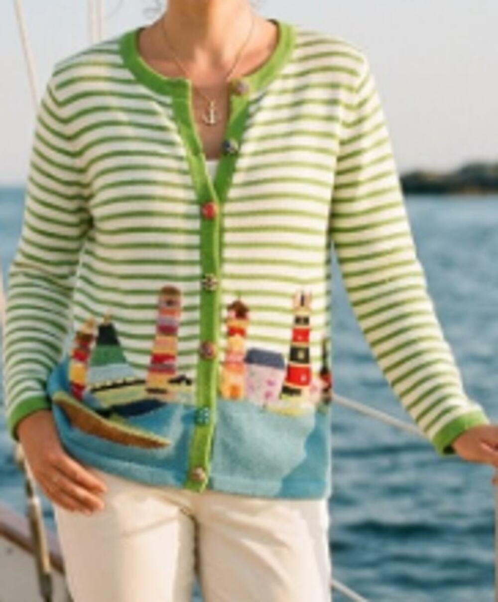 Quacker Factory Green Striped Lighthouse Cotton Blend Sweater sz XS NEW